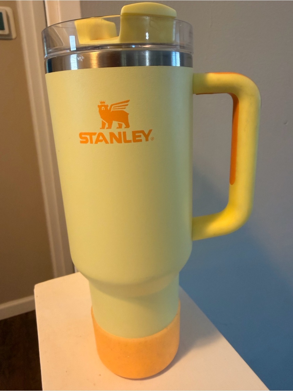 Stanley Pale Yellow Travel Mug with Orange Accents 40oz